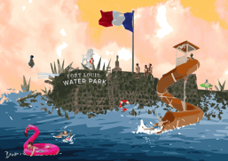 Surreal digital artwork of Fort Louis transformed into a water park with waterslides, swimmers and a