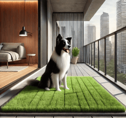 a dog sitting on an artificial grass pad