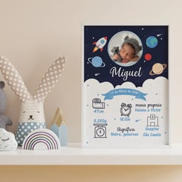 Quadro Nascimento com dados do bebê foguete astronauta espaço quarto de menino