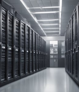 A room filled with sleek black server racks, arranged neatly in rows. The servers are part of a data center with visible structured wiring and ceiling cable trays. Bright overhead lighting illuminates the space, adding to the modern high-tech environment.