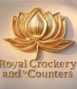 Royal Crockery and Counters written in Golden Letters Below a Golden flower on a wall