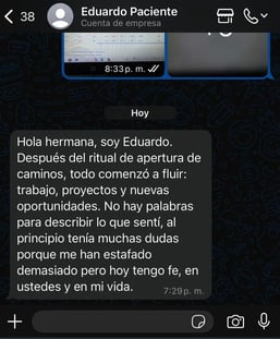 Testimonio escrito de Eduardo destacando la conexión espiritual y los resultados de su consulta con la Bruja Samara.