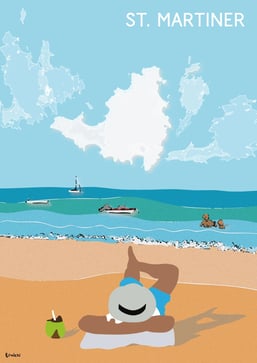 Cloud Spotting by Raymond Bowen - man relaxing on beach with map of St. Martin in clouds
