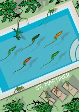 Pool Life by Raymond Bowen - iguanas swimming and sunbathing around pool