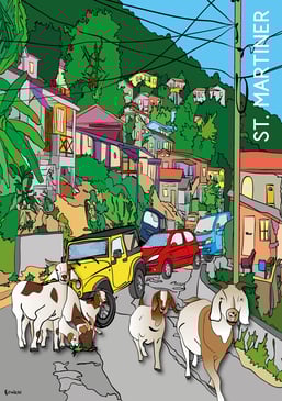 Late For Work by Raymond Bowen - goats on road with colourful hillside homes in background