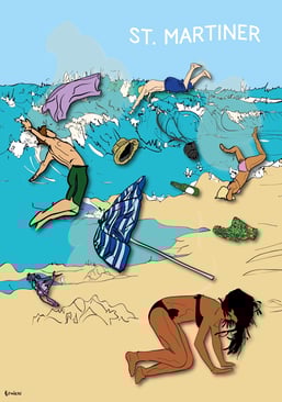 Maho Breeze by Raymond Bowen - people and belongings swept by an aeroplane taking off