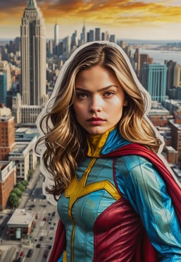 Portrait photo transformed into a woman in a superhero costume standing in front of a cityscapepe