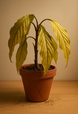 Wilted houseplant with yellow leaves in a cracked terracotta pot, showing signs of nutrient deficien