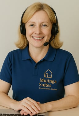 a woman in a blue shirt and headphones with a headset. Happy employee waiting to serve clienta