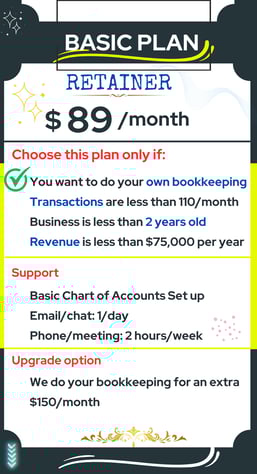 Basic Plan Retainer – $89/mo for startups (<2yrs, <110 trans, <$75K); includes chart setup & support