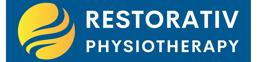 a blue and yellow logo with the words restorative and a yellow and white