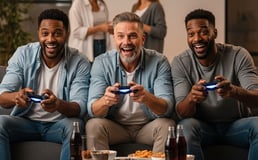 a group of men sitting on a couch playing video games