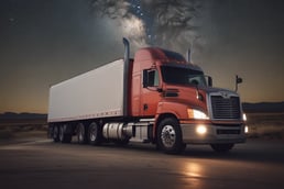 a semi truck with a dry van in the background under a starry night