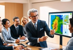 AI generated image of business people being given a course about GIS, GEOINT and Geospatial maps.