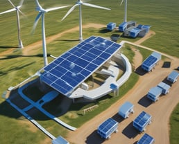 A landscape featuring a large solar panel array in the foreground, with a modern wind turbine to the left. Behind the renewable energy installations, an industrial facility with multiple chimneys and storage tanks is visible under a clear blue sky.