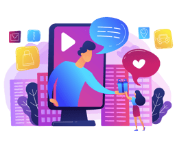 Grafik i lila och blått över en man och en kvinna som går in och ur digitala skärmar