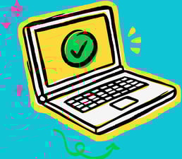 A computer with a green checkmark, on a blue background with doodles