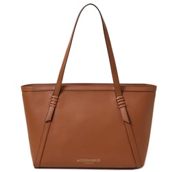 a brown leather tote bag with a tan leather tote bag