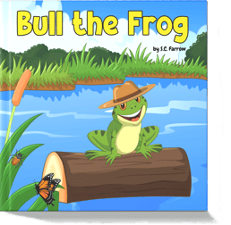 A colourful children's book cover featuring a bright green frog wearing a wide-brimmed hat while sitting on a log in the pond