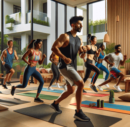 A trainer conducting group classes in apartment complexes