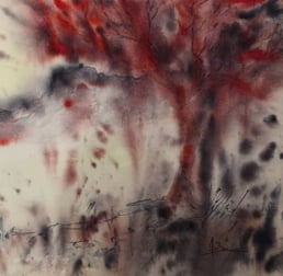 Peinture symbolique rouge bleu et beige représentant un arbre de vie