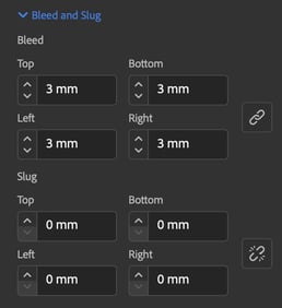 Image of InDesign bleed and slug settings with bleed set to 3mm