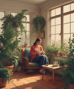 A cozy indoor space filled with a variety of vibrant green potted plants arranged on wooden shelving units. The room is brightened by natural light streaming through large windows, casting a soft glow on the plants. The floor and shelves are made of warm-toned wood, adding to the earthy and inviting atmosphere.