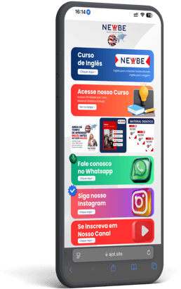 Mini site da Ajot Site exibido em celular, com layout colorido e links para curso de inglês, WhatsAp