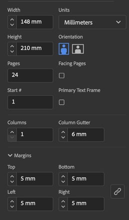 Screenshot of an InDesign interface showing a 24-page document setup