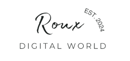a black and white logo with the words roux digital world EST. 2024