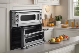 a kitchen with a microwave and a bowl of fruit