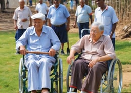 a man in a wheelchair with a cane cane and a woman in a wheelchair