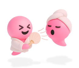 Two cheerful pink Blabit bubbles interacting - one wearing white robes holds a fan while the other appears surprised