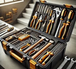 Caixa de ferramentas organizada com chaves, alicates, martelos e parafusadeiras, representando os se