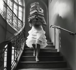 a woman carrying a large volume of bookkeeping ledgers