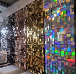Shimmer wall panels hanging in the SweetAz Co. workshop in Redlands. Black, Gold, Rose Gold, Silver and Irirdescent.