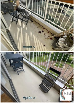 Avant/après du nettoyage d’une terrasse après tempête par M & M Services Pro à Bois-Guillaume
