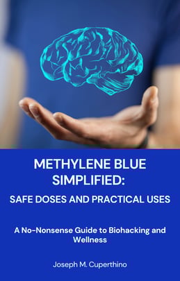 An e-book cover for "Methylene Blue Simplified: Safe Doses and Practical Uses