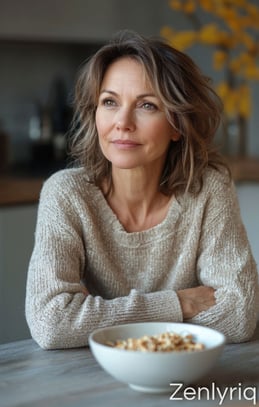 thoughtful woman having breakfast with oats, representing support for healthy blood sugar levels