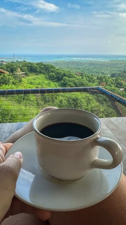 a person holding a cup of coffee in front of a view of a mountain