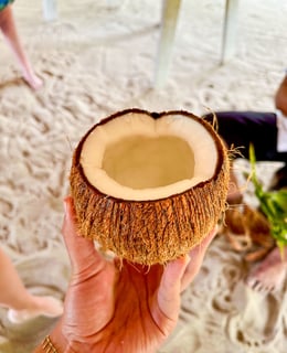 Freshly opened coconut with straw, ready to drink in a tropical setting.