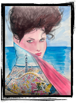 watercolor of a woman with a gaudi dress