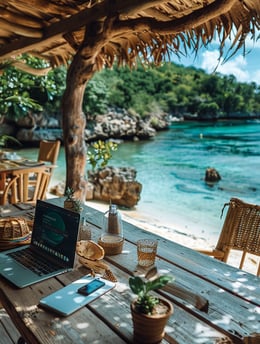A serene beach scene with golden sand  with crystal-clear turquoise waters, for succesful creators.