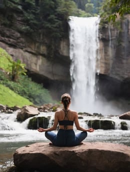 Image of a woman meditating beneath a waterfall, her back to the viewer.