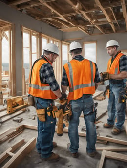 seven construction workers standing on white field