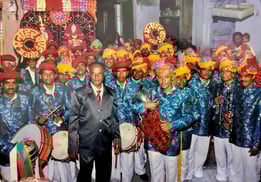 Manohar Brass Band in the old days with all crew members dressed well with instruments in Ajmer city.