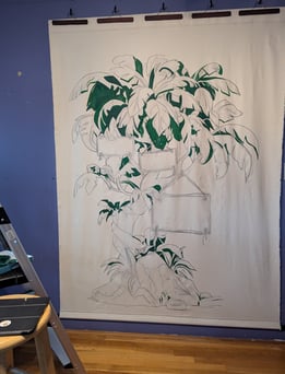 The darkest of the greens are laid in to define depth of the tapestry mural painting.