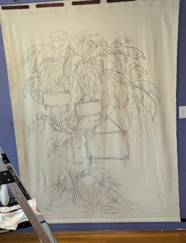 A sized, gessoed, and stretched tapestry ready for paint.