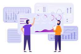 An illustration of 2 people examining a website's analytics.