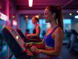 a woman in a blue top walking on a treadmill in a gym